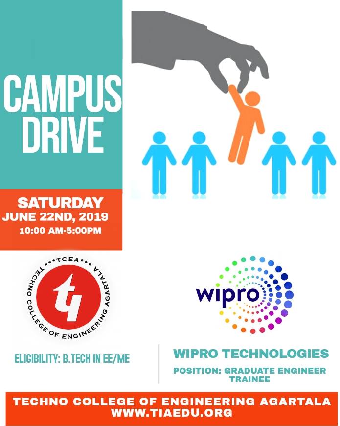 Wipro Technologies on Campus Drive at Techno College of Engineering Agartala on 22nd July, 2019 Wipro Technologies on Campus Drive at Techno College of Engineering Agartala on 22nd July, 2019