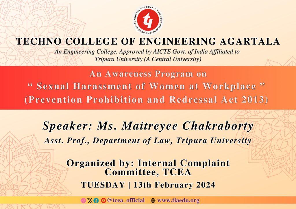 One day seminar on “Sexual Harassment of Women at Workplace (Prevention, Prohibition and Redressal Act 2013)” at TCEA on 13/02/2024
