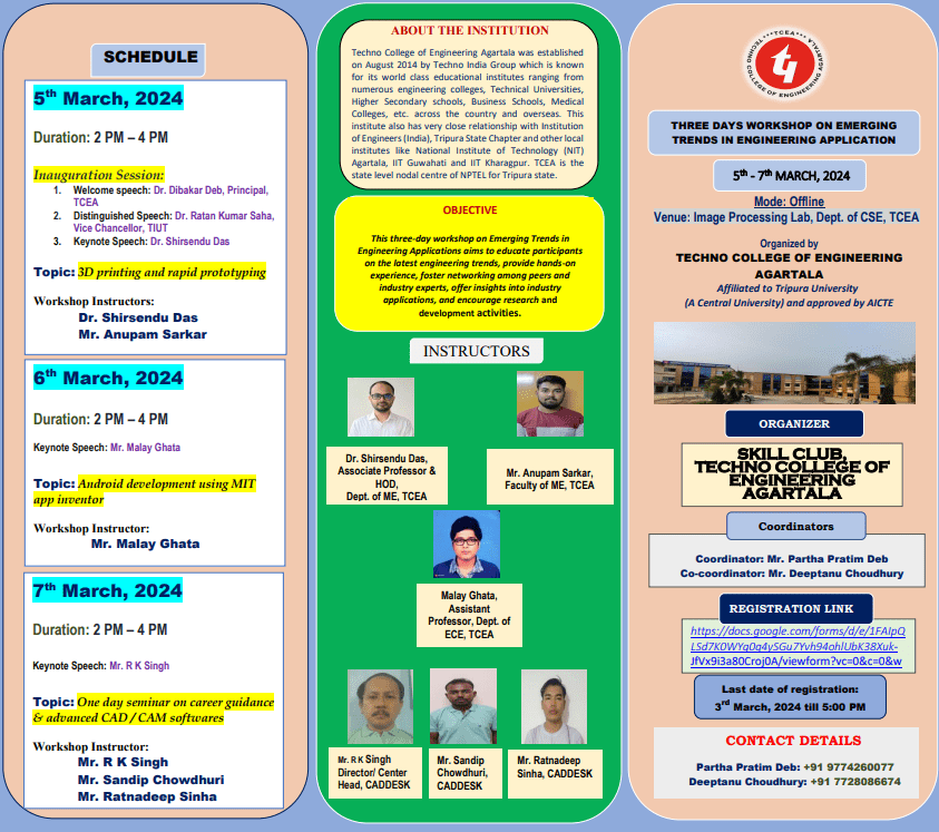 Three days Workshop on “EMERGING TRENDS IN ENGINEERING APPLICATION” organized by Skill Club at TCEA on 3/03/2024
